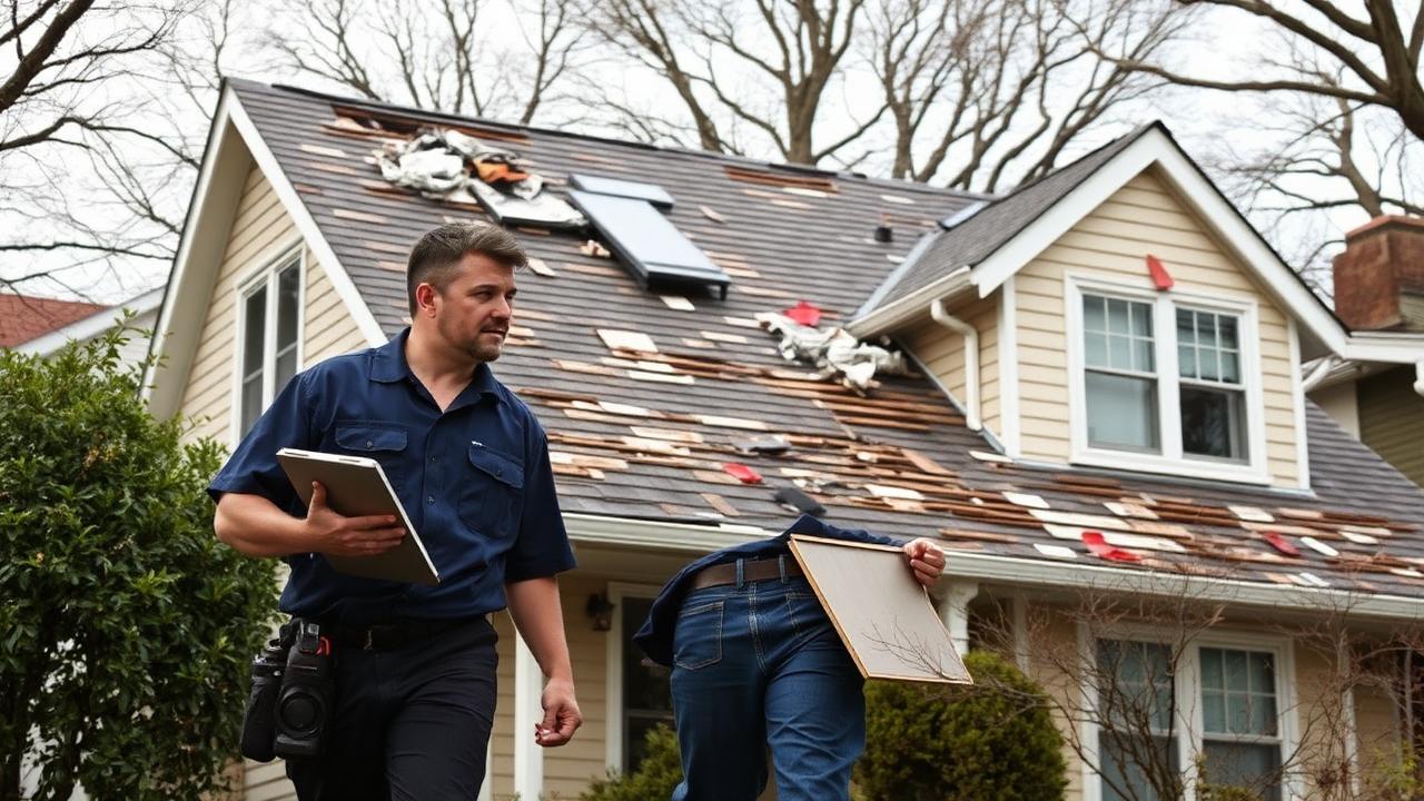 Insurance adjuster and IronSky contractor inspecting storm-damaged NYC roof together