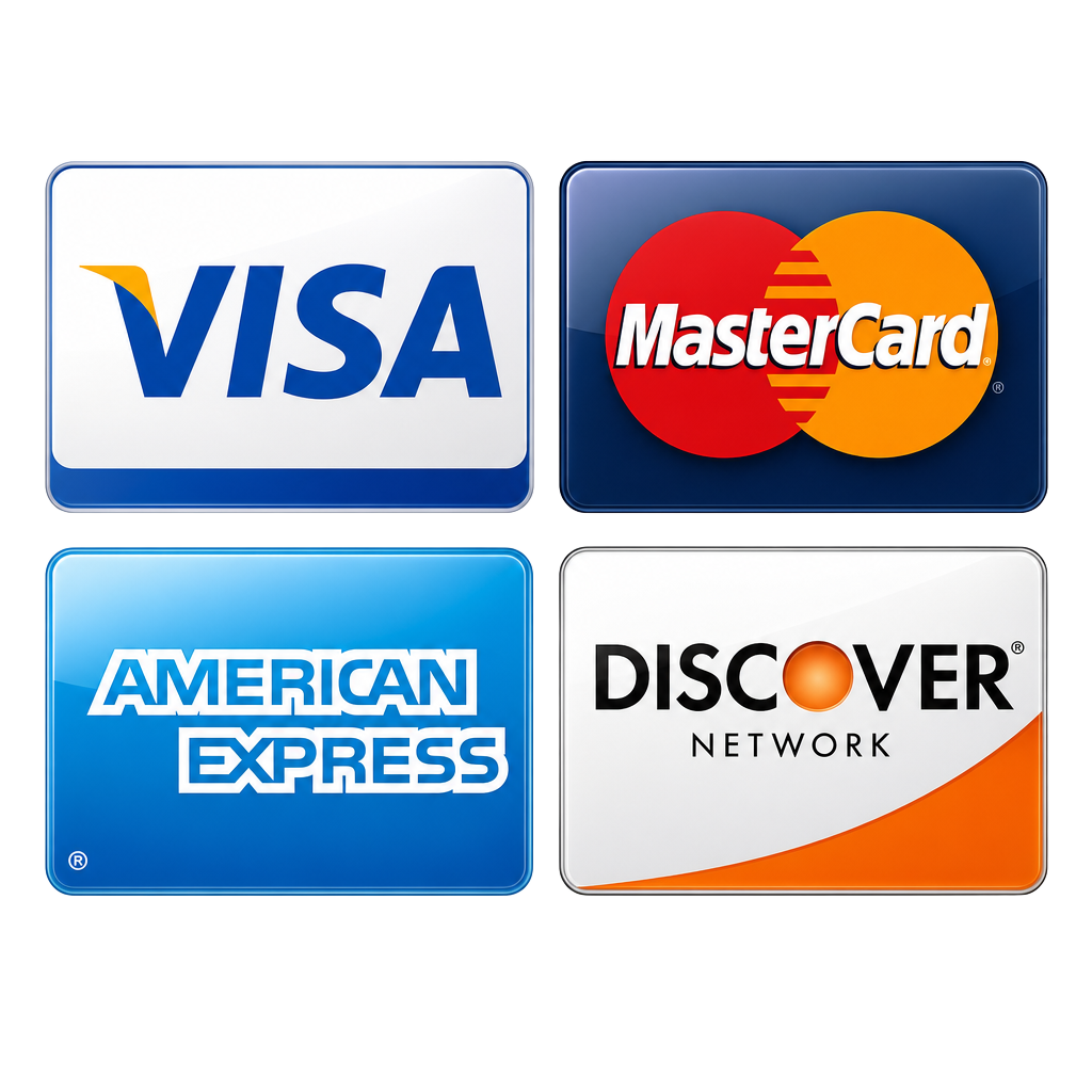 Visa, MasterCard, American Express, Discover accepted