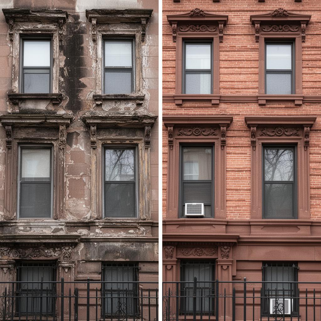 Before and after of a Brooklyn brownstone facade: deteriorated stained crumbling stone transformed into a fully restored warm brown facade with crisp tuckpointing and re-carved details