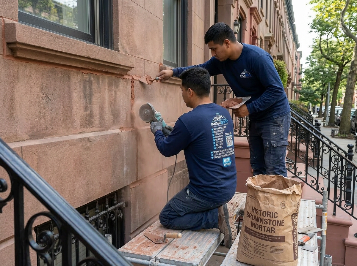 Two IronSky masons in navy branded shirts tuckpointing the front facade of a Brooklyn brownstone with grinder and pointing trowel