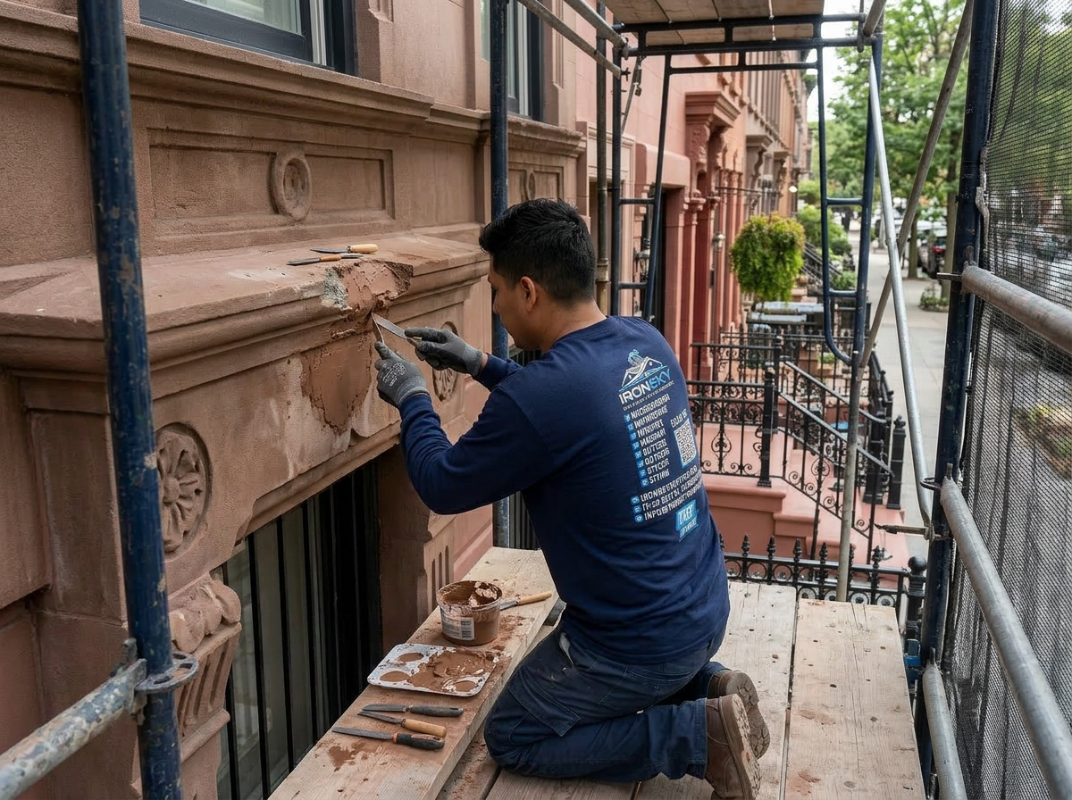 IronSky mason in navy branded shirt restoring a carved brownstone window lintel on a Park Slope brownstone with sculpting tools