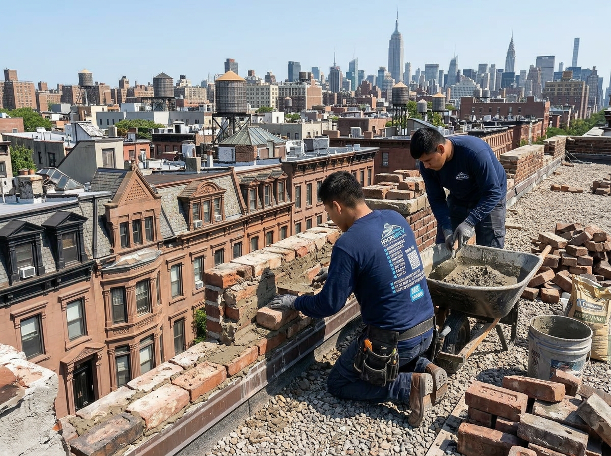 Two IronSky workers in navy branded shirts rebuilding the parapet wall on top of a Harlem brownstone roof with the Manhattan skyline behind