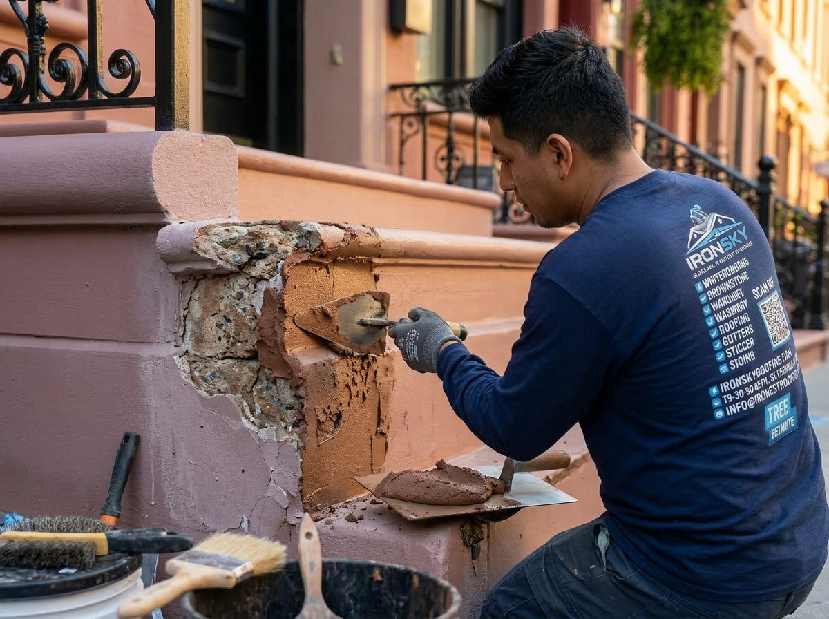 IronSky craftsman in navy branded shirt applying brownstone-colored cementitious patching coat to a damaged stoop face on a Bedford-Stuyvesant brownstone