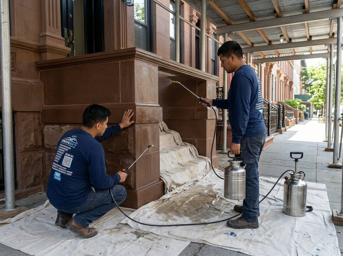 Two IronSky workers in navy branded shirts spraying breathable masonry waterproofing sealer onto a freshly restored brownstone facade in Harlem