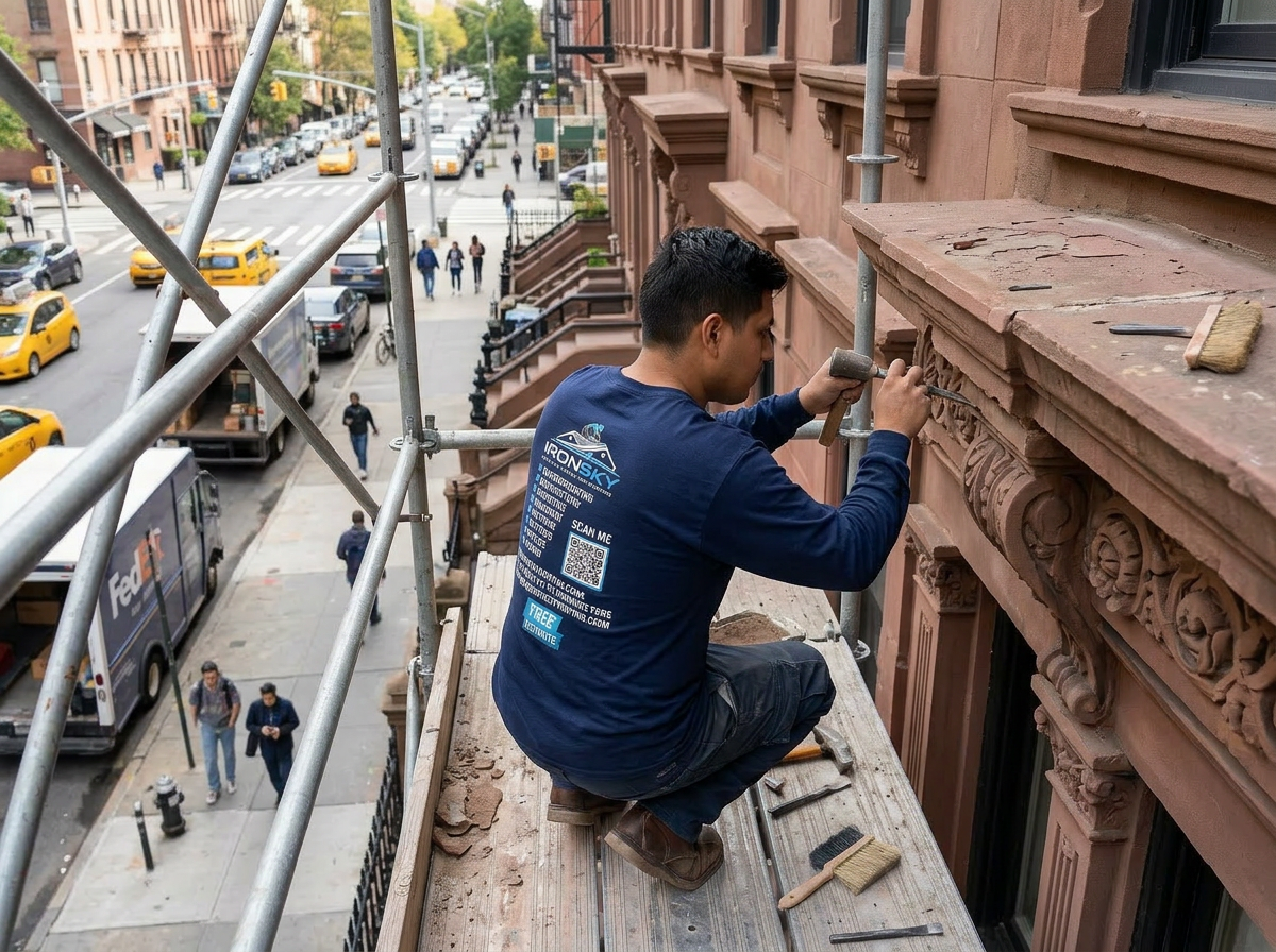 IronSky mason in navy branded shirt restoring a decorative carved brownstone cornice high up on sidewalk scaffolding on an Upper West Side townhouse