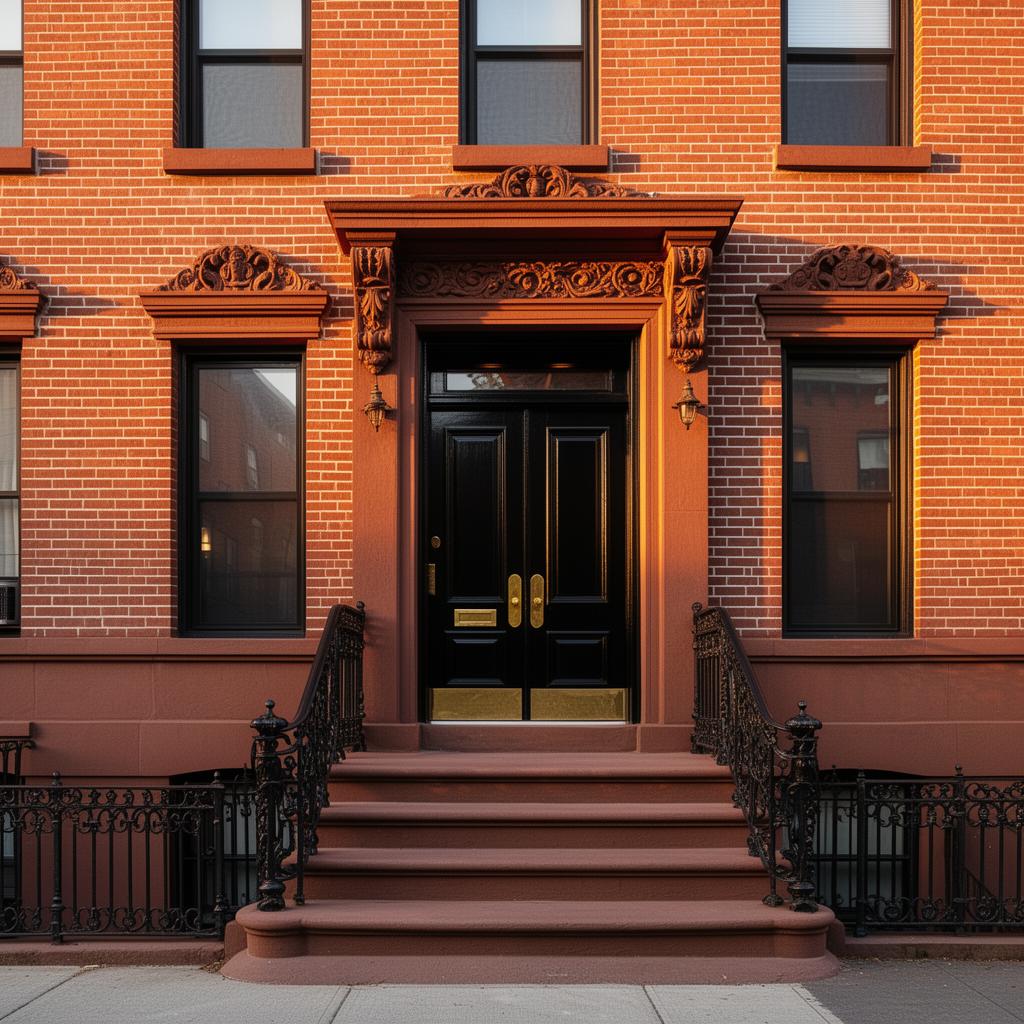 Beautifully restored Brooklyn brownstone facade at golden hour with carved lintels, freshly tuckpointed brick and ornate black wrought-iron railings