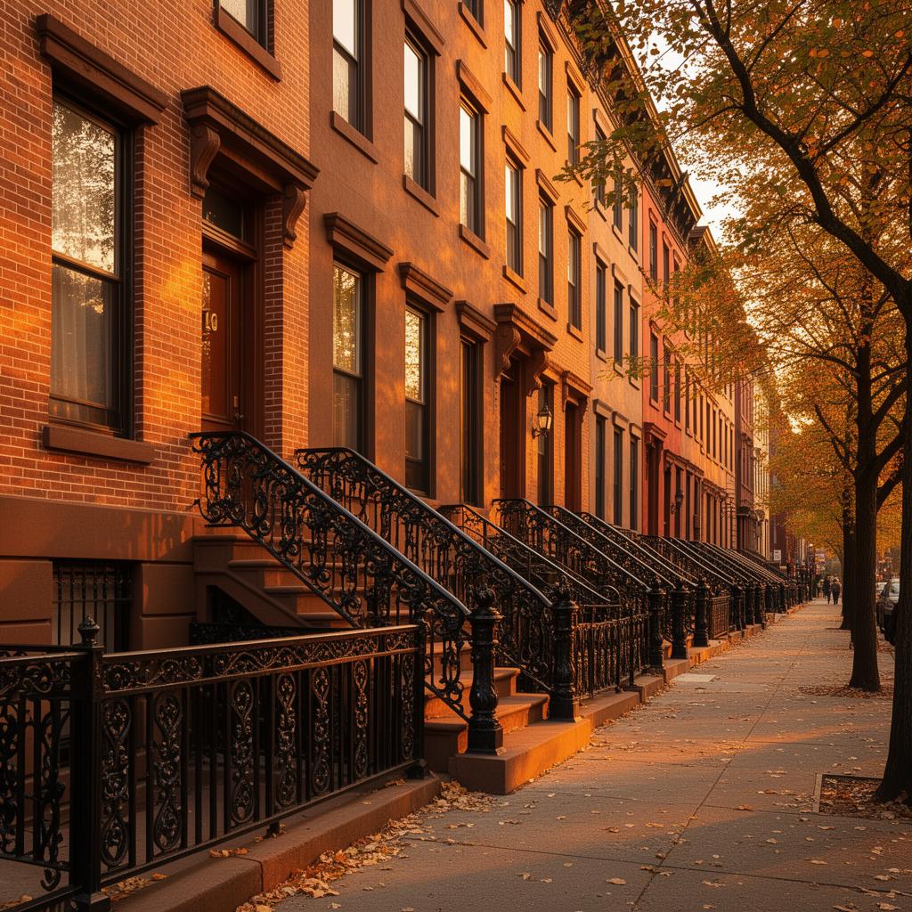 Row of restored Harlem brownstones at golden hour with matching warm brown facades and ornate black iron stoop railings on each
