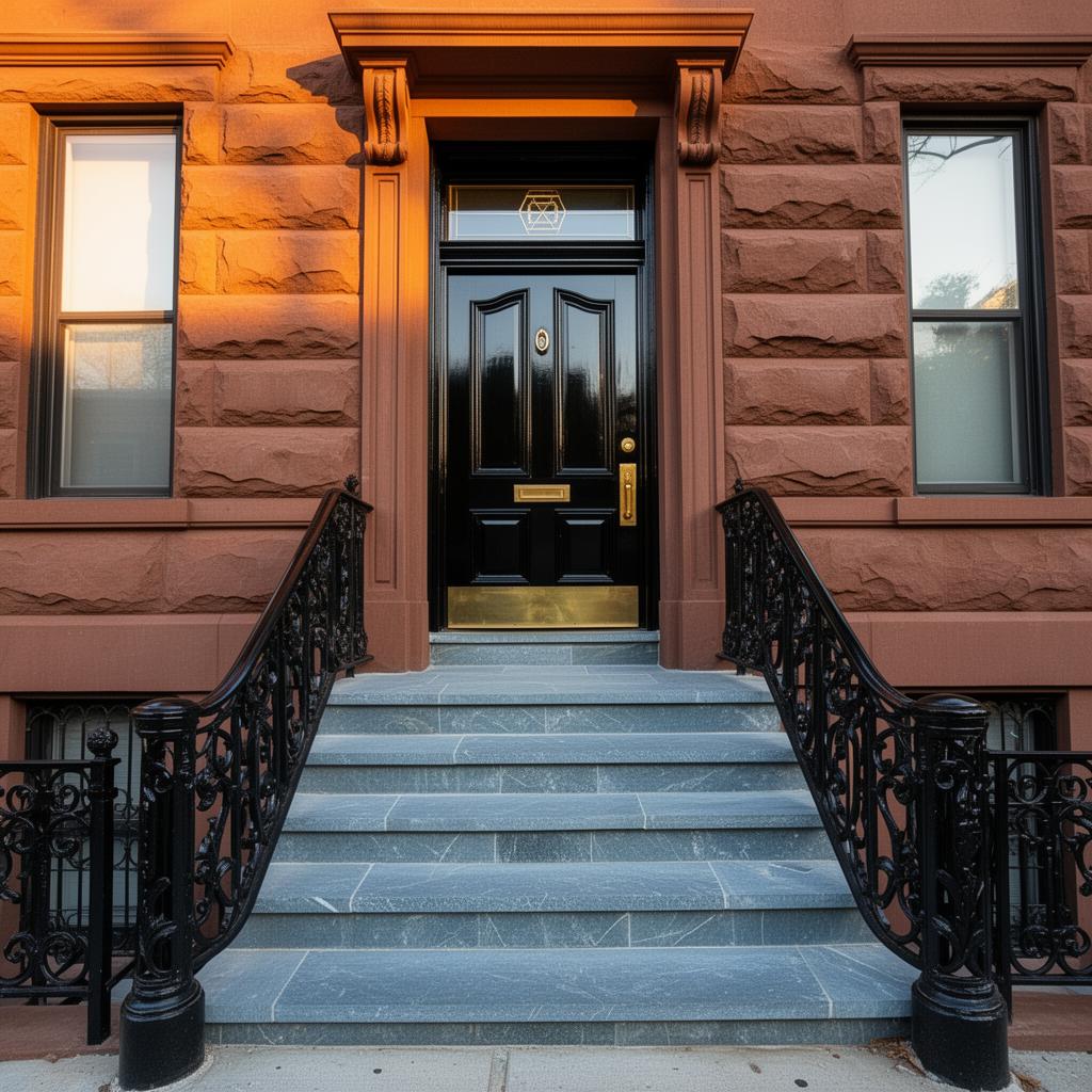 Restored brownstone front stoop and entryway on a Bedford-Stuyvesant townhouse with new bluestone treads and ornate black iron railings