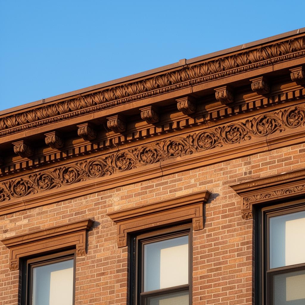 Restored carved brownstone cornice and ornamental dentil molding at the top of an Upper West Side townhouse facade against a blue sky