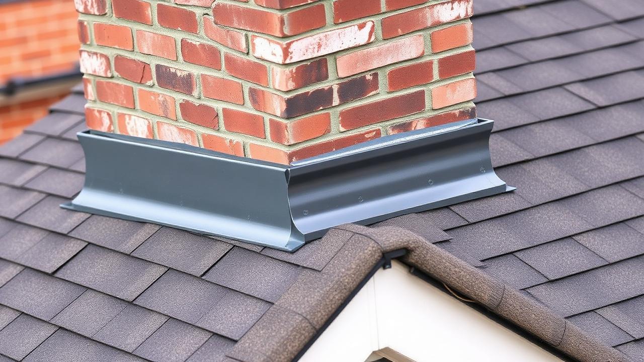 Close-up of chimney flashing on NYC roof showing step and counter flashing detail
