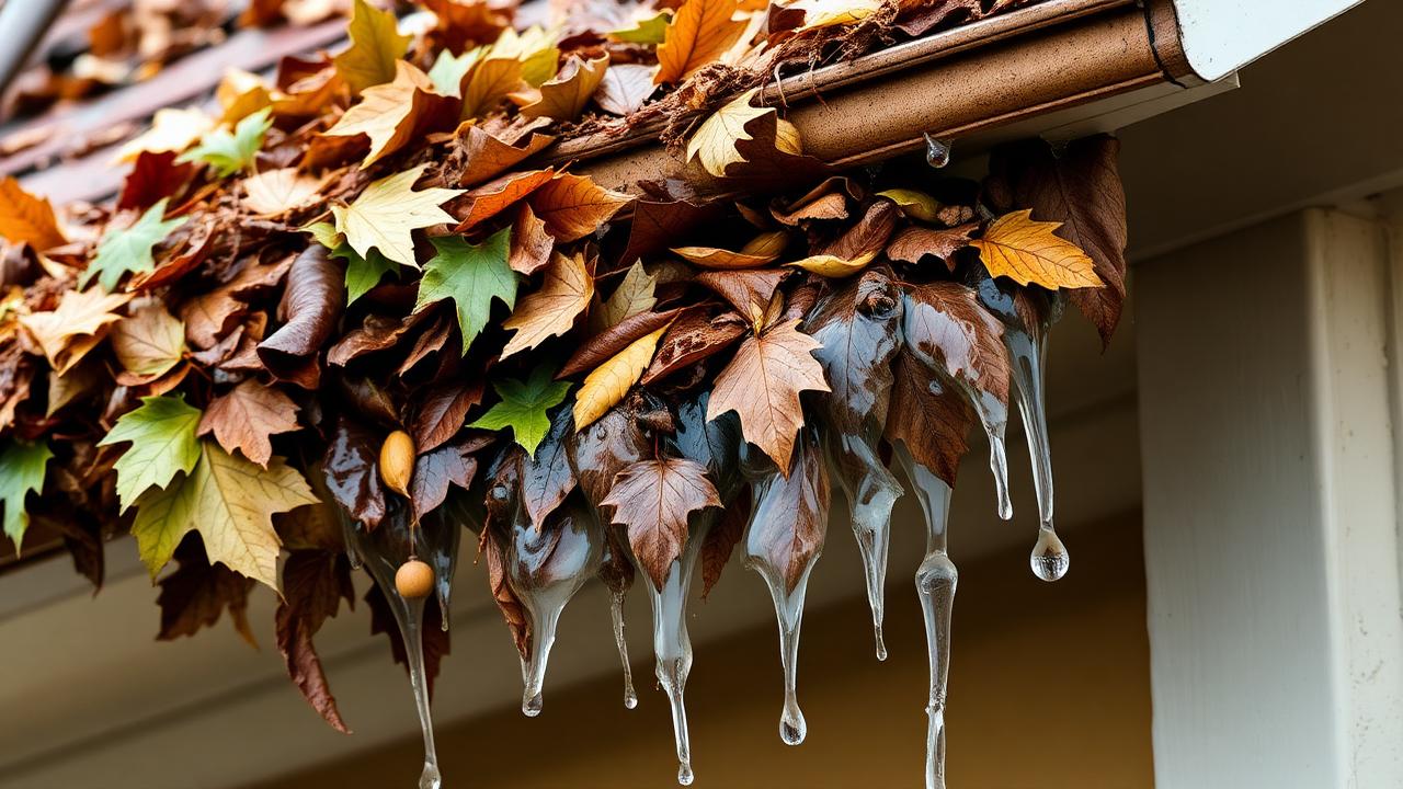 Severely clogged NYC home gutter overflowing with wet leaves and debris