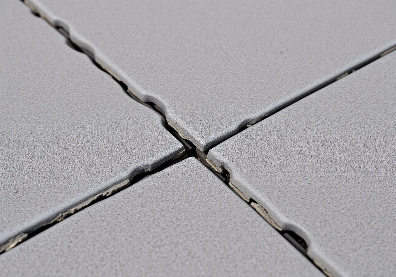 Close-up detail of a freshly finished concrete sidewalk panel with crisp tooled control joint and broom-finish texture