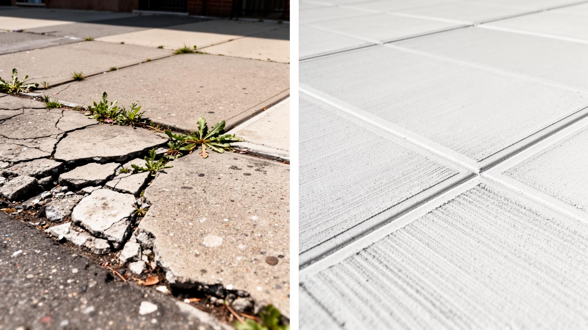 Before and after close-up of a NYC concrete sidewalk panel: cracked spalled weed-filled slab transformed into crisp broom-finished concrete with tooled control joints