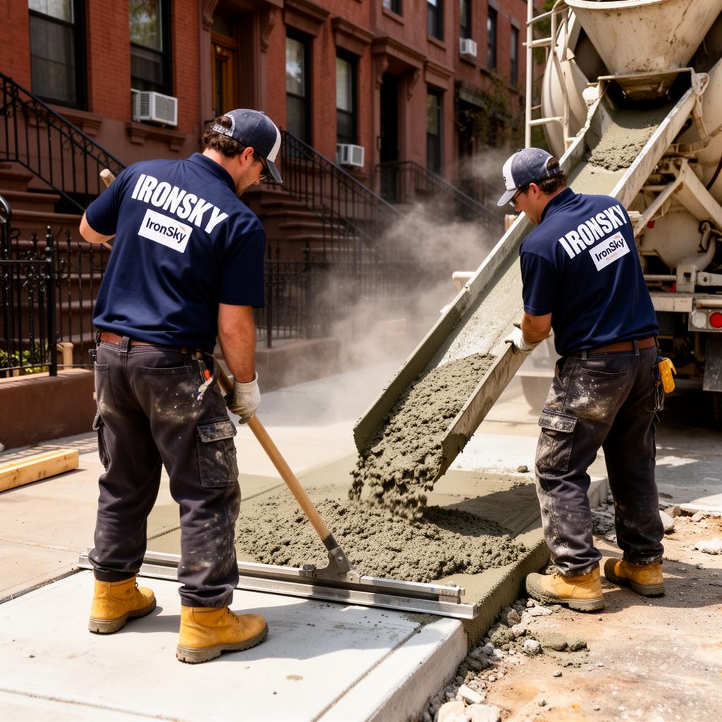 Three IronSky workers in navy branded shirts pouring concrete from a chute and screeding it for a new sidewalk in front of a Brooklyn brownstone