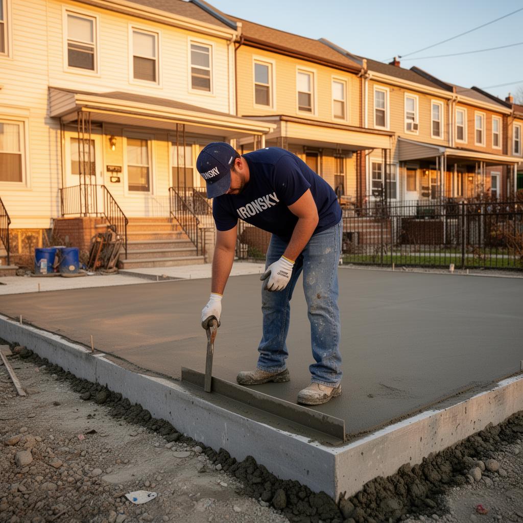 IronSky worker in navy branded shirt edging a freshly poured concrete patio slab with a steel trowel at a Queens home