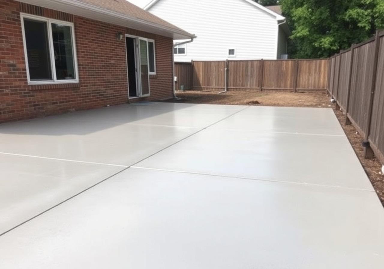 Beautiful finished concrete patio with clean control joints and broom finish behind a Queens home