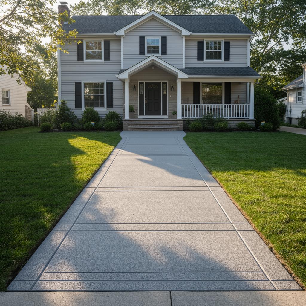 Long brand new poured-in-place concrete walkway with broom finish and tooled control joints leading to a Staten Island colonial home