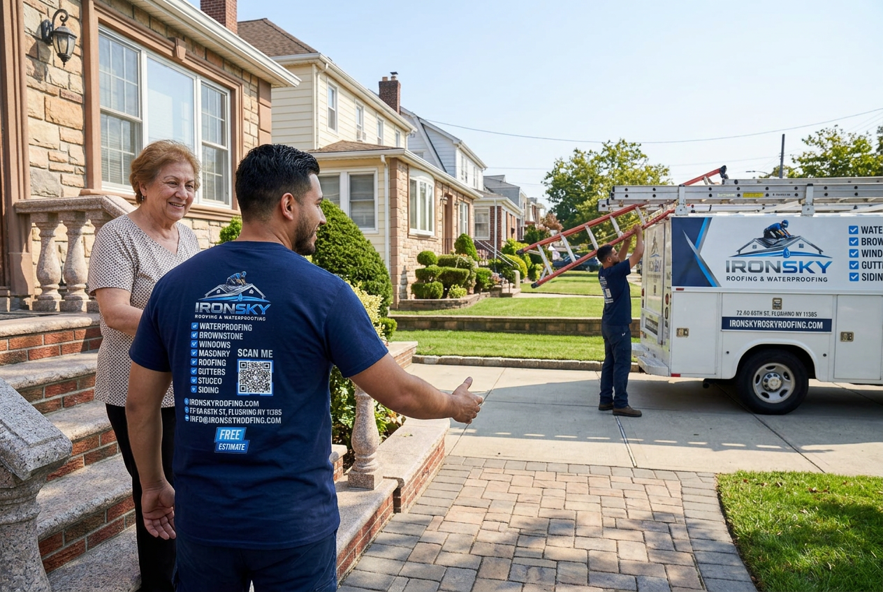 IronSky crew arriving at a customer's home while unloading ladders for a roofing project