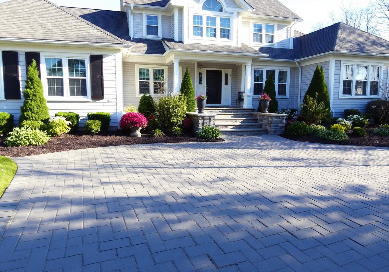 Finished paver driveway with charcoal grey rectangular pavers in herringbone pattern at a Long Island home