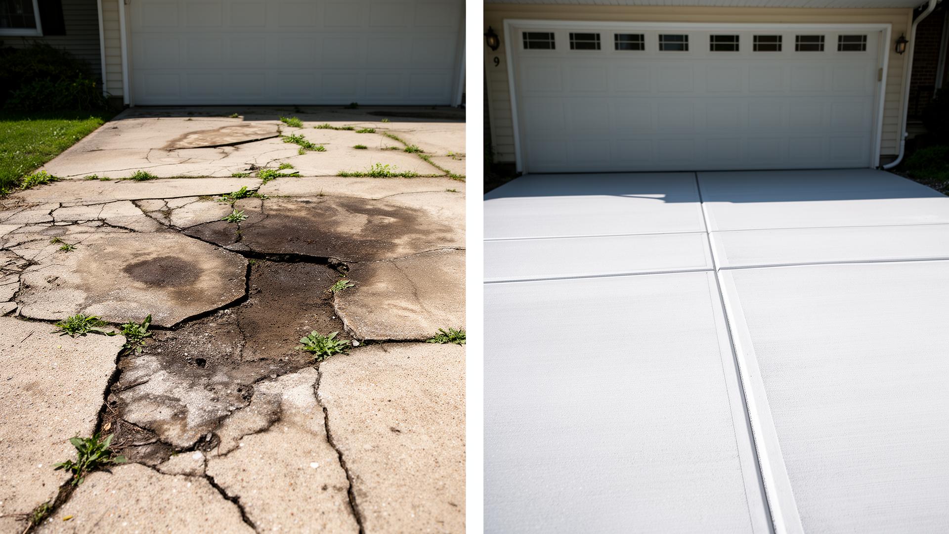 Before and after close-up of a residential driveway: cracked oil-stained concrete with weeds transformed into smooth broom-finished concrete in front of a Queens garage