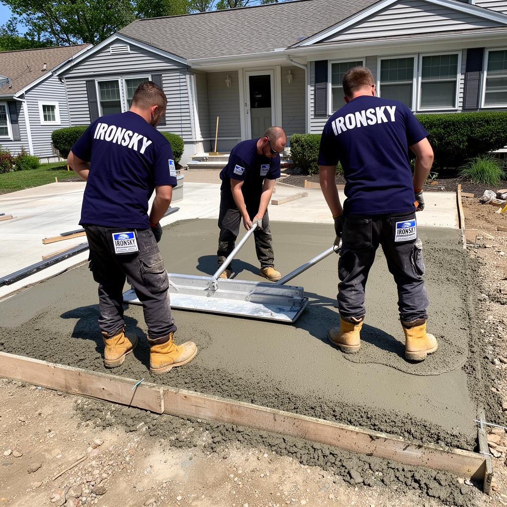 IronSky crew pouring a fresh concrete driveway in Queens