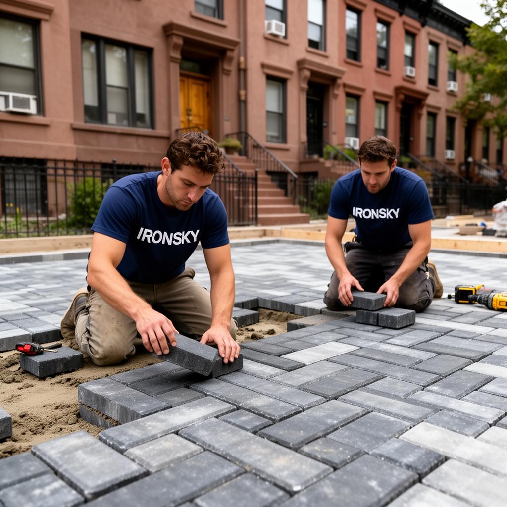 Two IronSky workers in navy branded shirts laying charcoal pavers in a herringbone pattern on a Brooklyn brownstone driveway