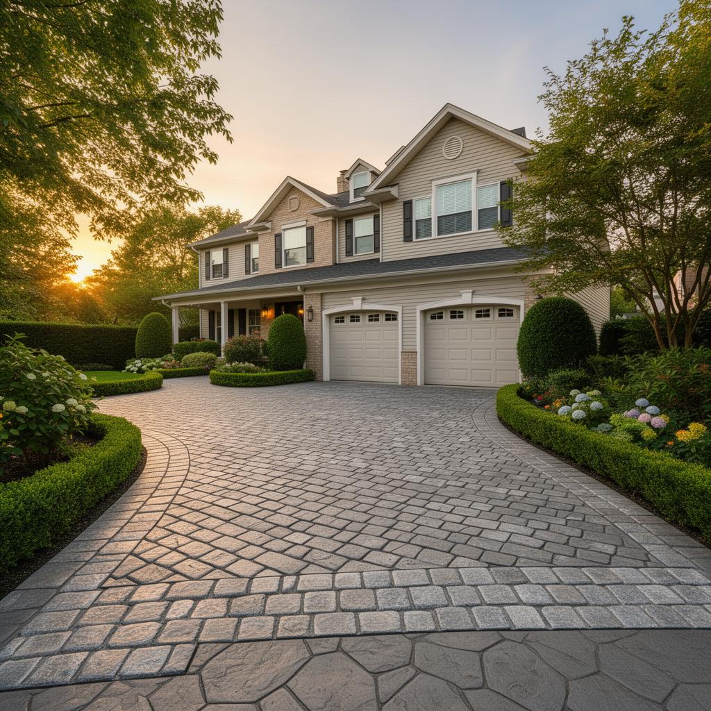 Finished Belgian block apron and stamped concrete driveway leading to a two car garage of a Staten Island colonial home at golden hour