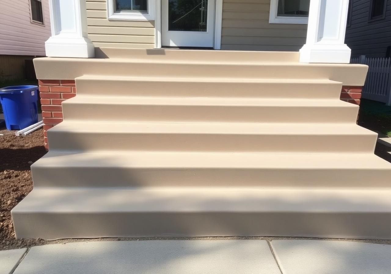 Newly poured concrete front steps with crisp clean edges leading up to a Queens home