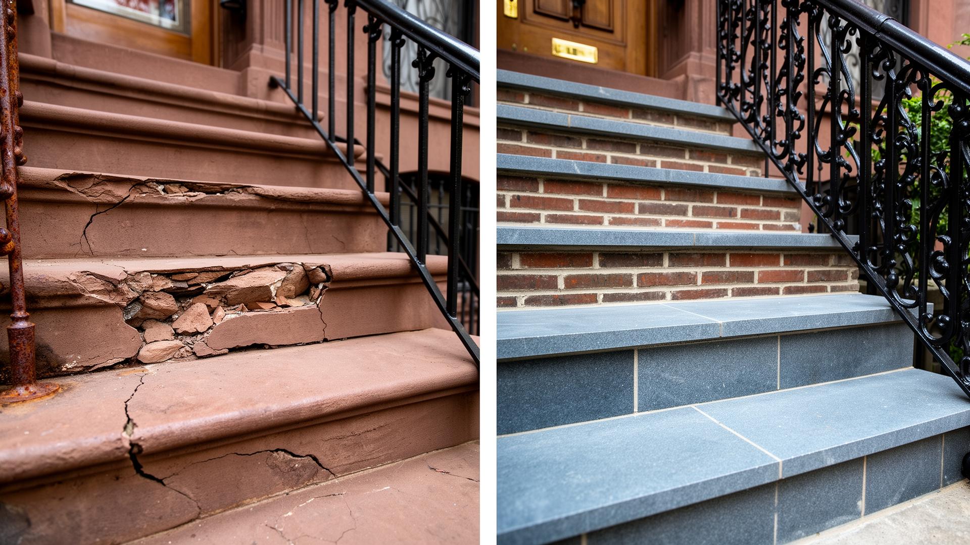Before and after close-up of a Brooklyn brownstone stoop: crumbling cracked treads transformed into crisp bluestone treads with brick risers and restored iron railing