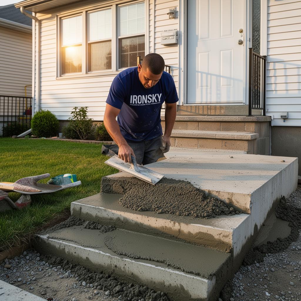 IronSky worker in navy branded shirt finishing freshly poured concrete front steps with a steel trowel at a Queens home