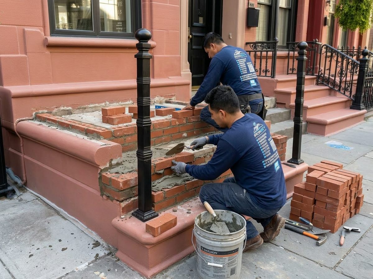 Two IronSky workers in navy branded shirts rebuilding a Brooklyn brownstone front stoop with fresh red brick risers and mortar