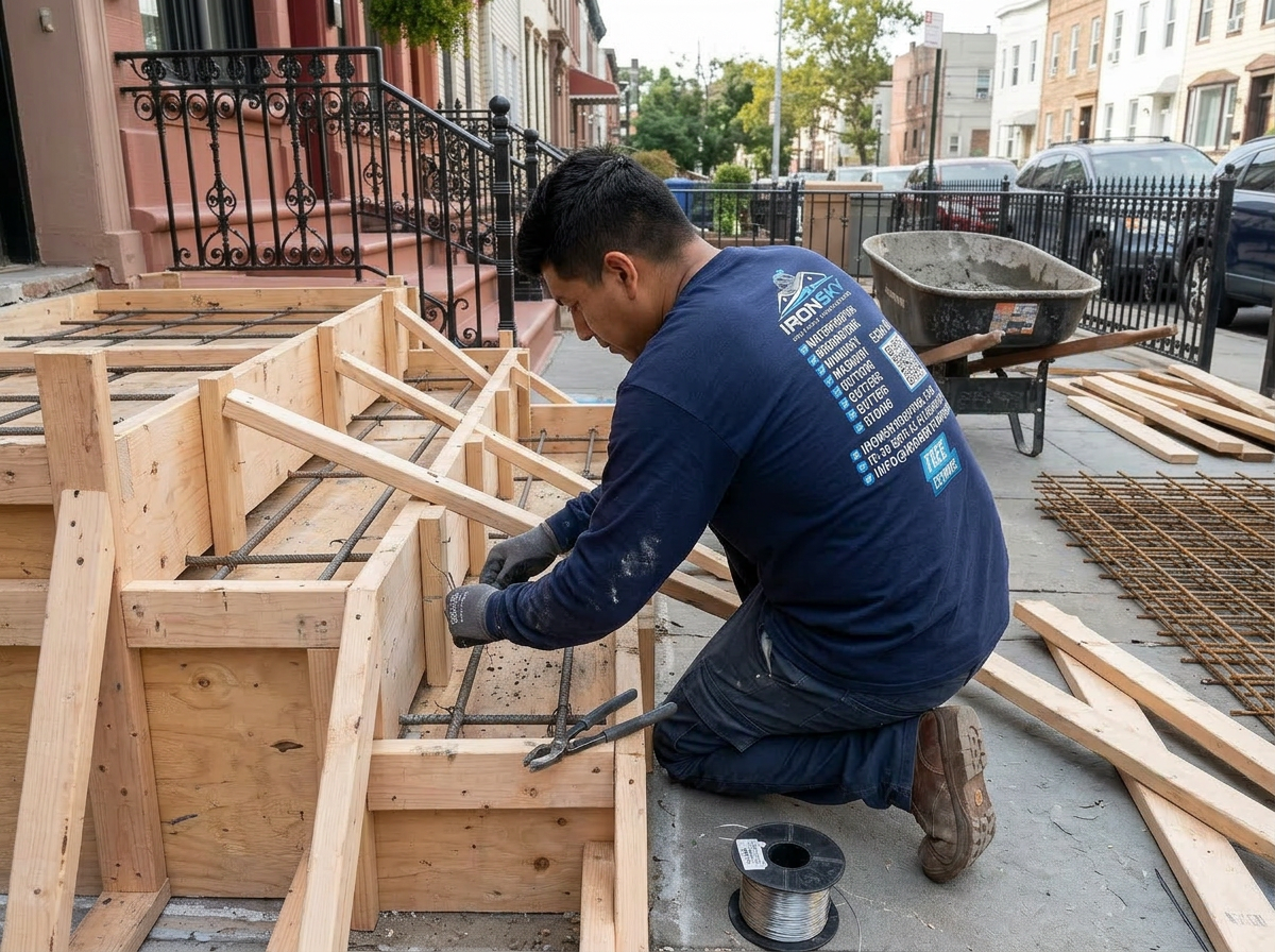 IronSky worker in navy branded shirt tying rebar inside wooden formwork for new poured concrete front steps at a Queens single-family home