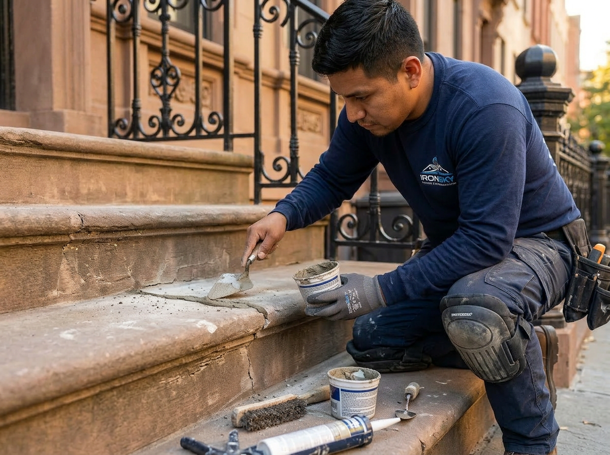 IronSky worker in navy branded shirt patching cracked limestone treads on a Manhattan townhouse stoop with epoxy mortar