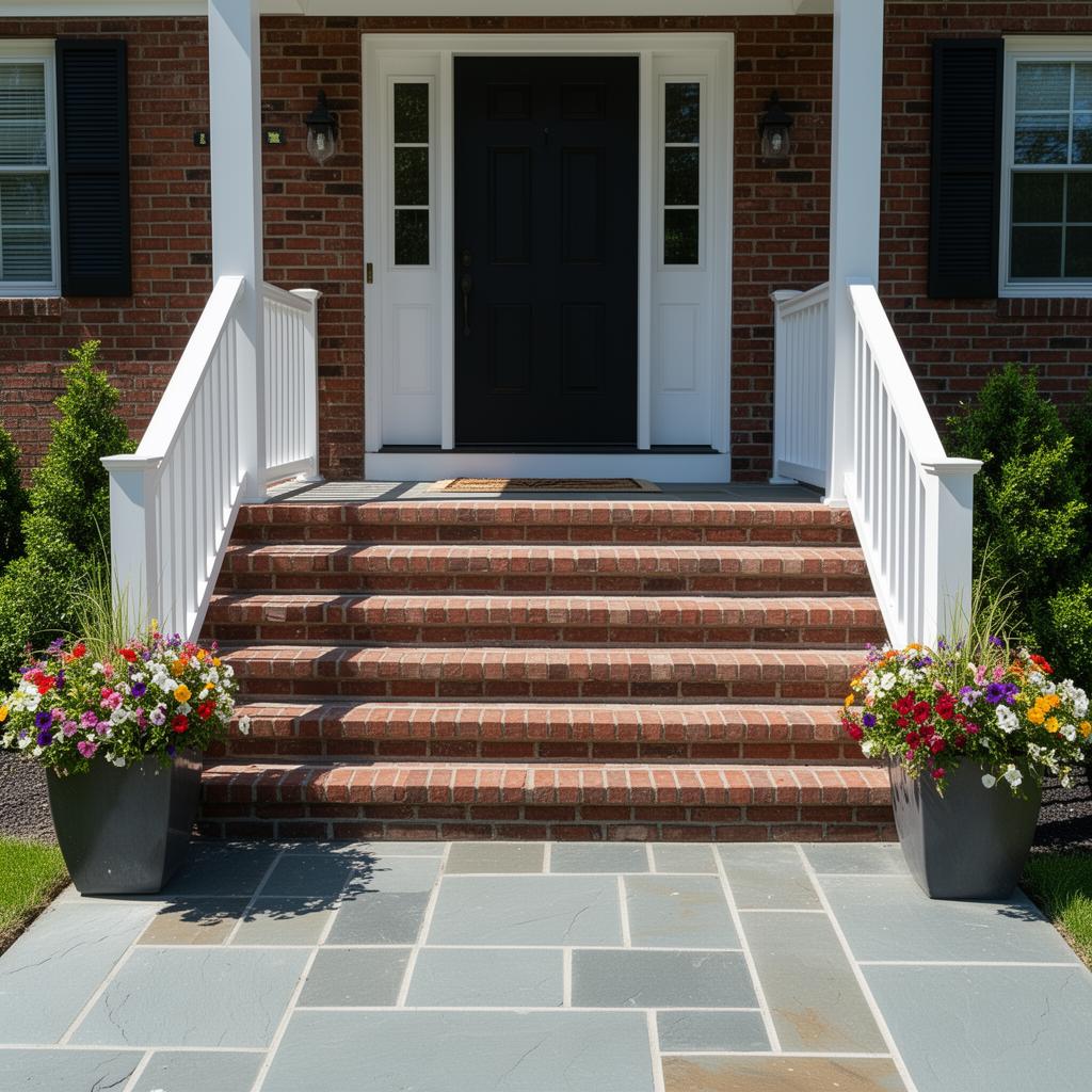 Brand new wide brick and bluestone front stoop of a Staten Island colonial home with white handrail and flower planters