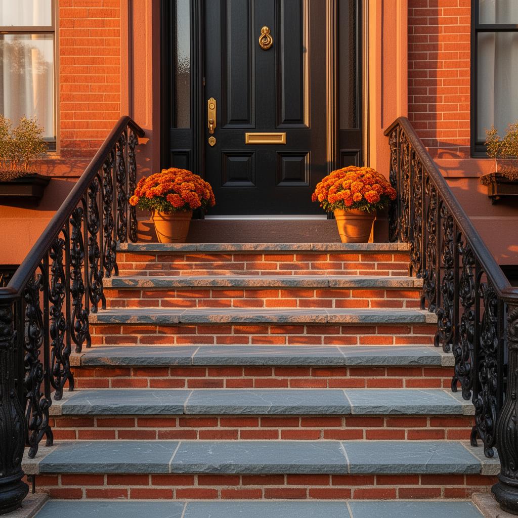 Beautifully restored Brooklyn brownstone front stoop at golden hour with new bluestone treads, brick risers and ornate black iron handrails
