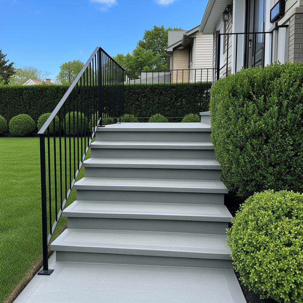 Newly finished modern poured-concrete front steps with a slim black metal handrail at a Queens single-family home