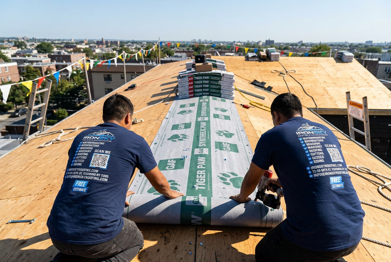 Two IronSky workers rolling out GAF Tiger Paw underlayment across a large roof deck