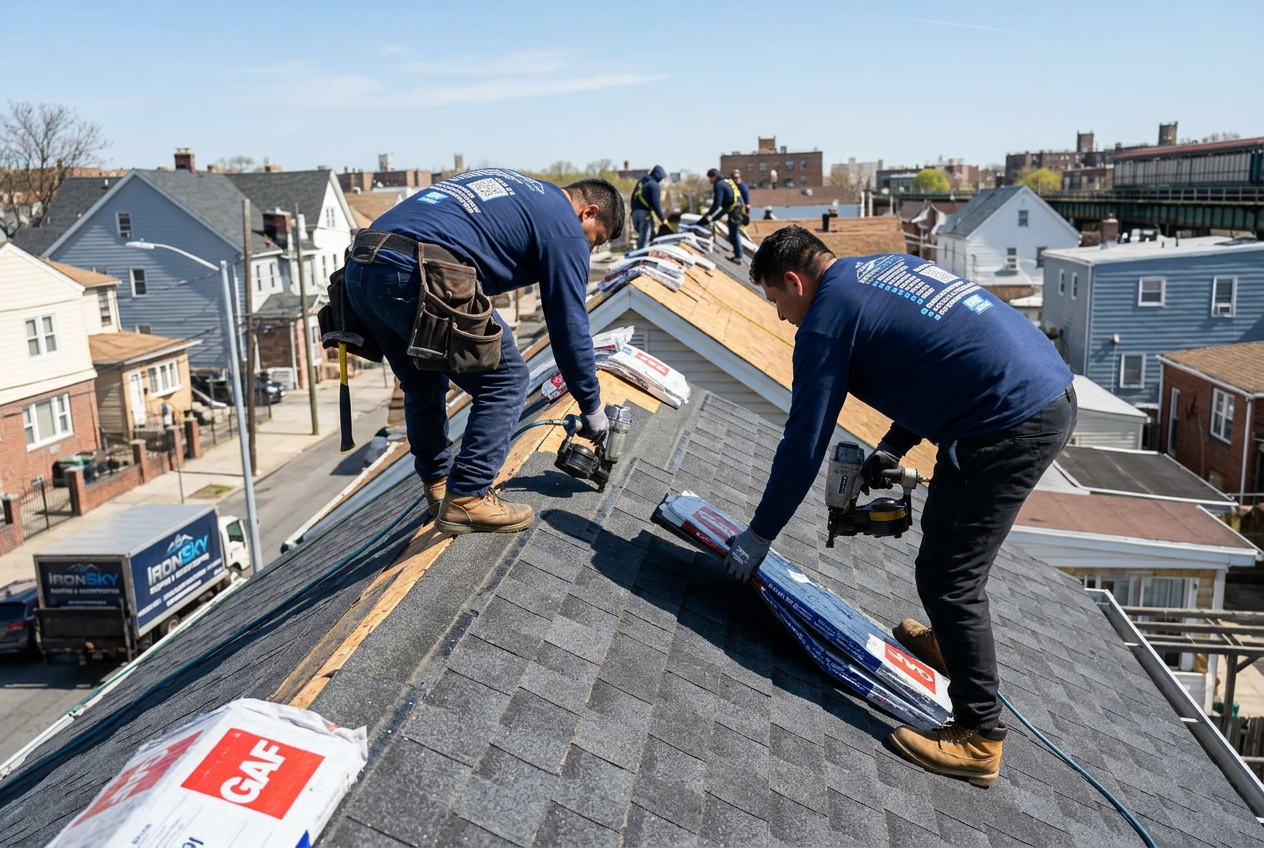 Two IronSky roofers installing GAF shingles row by row on a Queens home