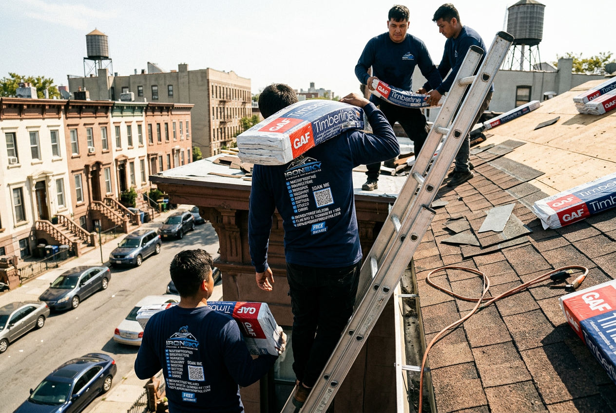 IronSky crew carrying GAF shingle bundles up a ladder to a residential roof