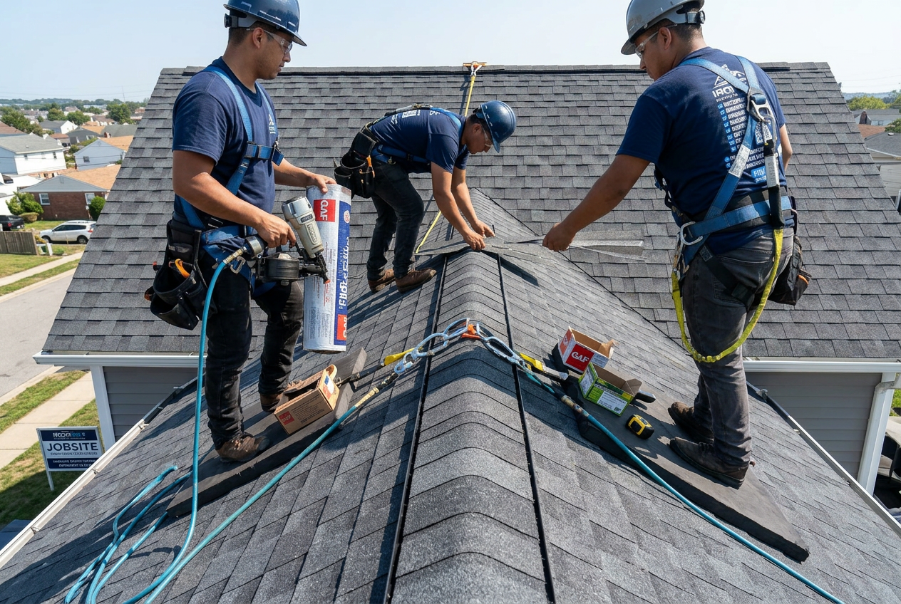 IronSky roofing crew installing GAF ridge cap shingles on a finished roof peak