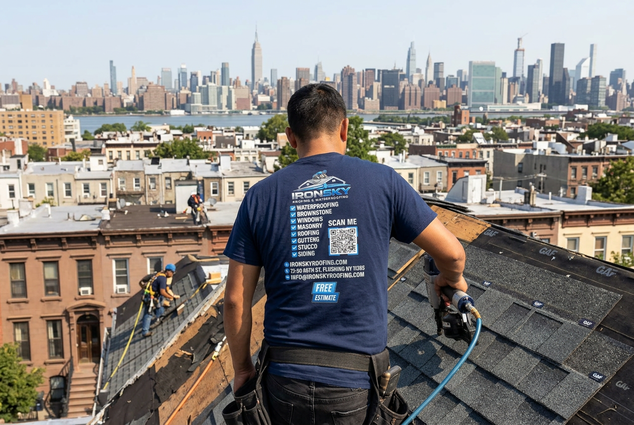 IronSky roofer using a nail gun to install GAF shingles on a Brooklyn roof with skyline views