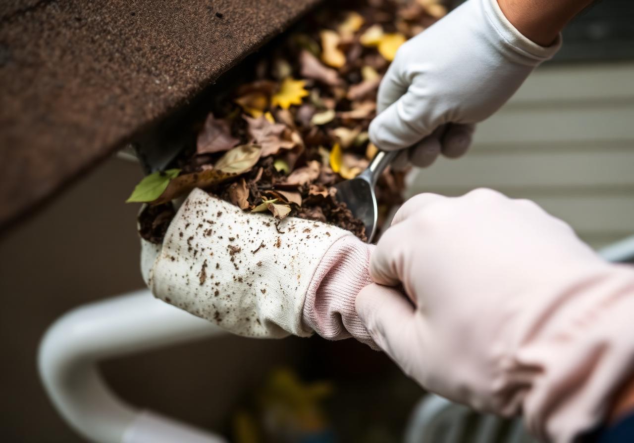 Cleaning leaves and debris out of a clogged gutter