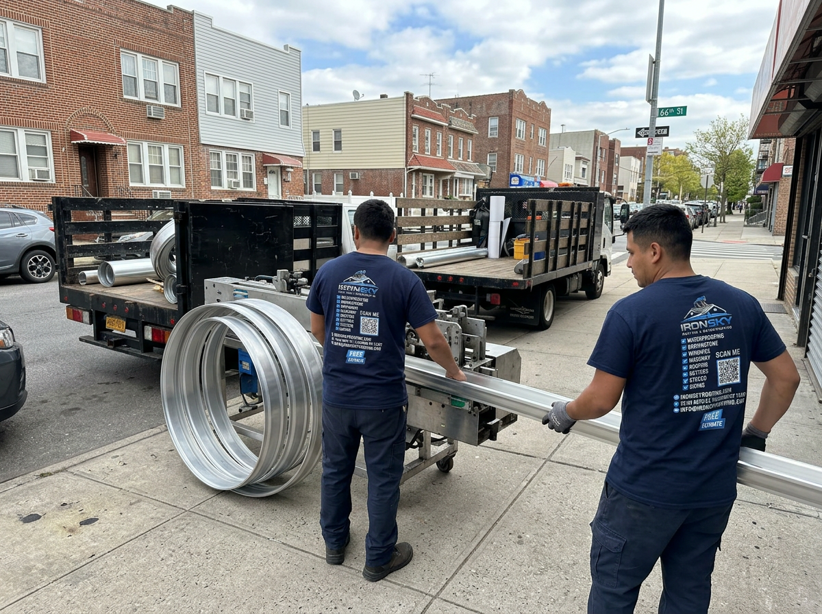 Two IronSky crew members feeding aluminum through a seamless gutter machine