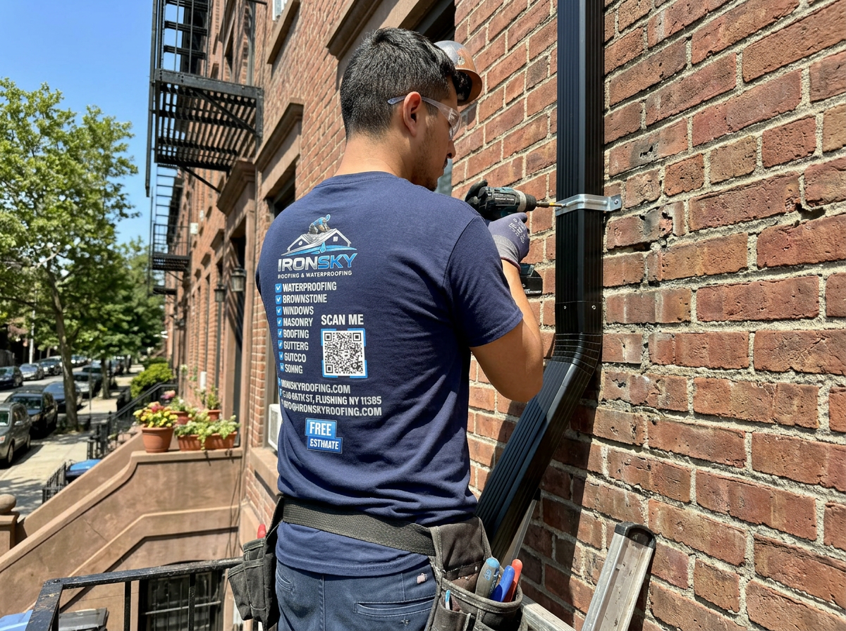 IronSky technician installing a black downspout on a brick wall