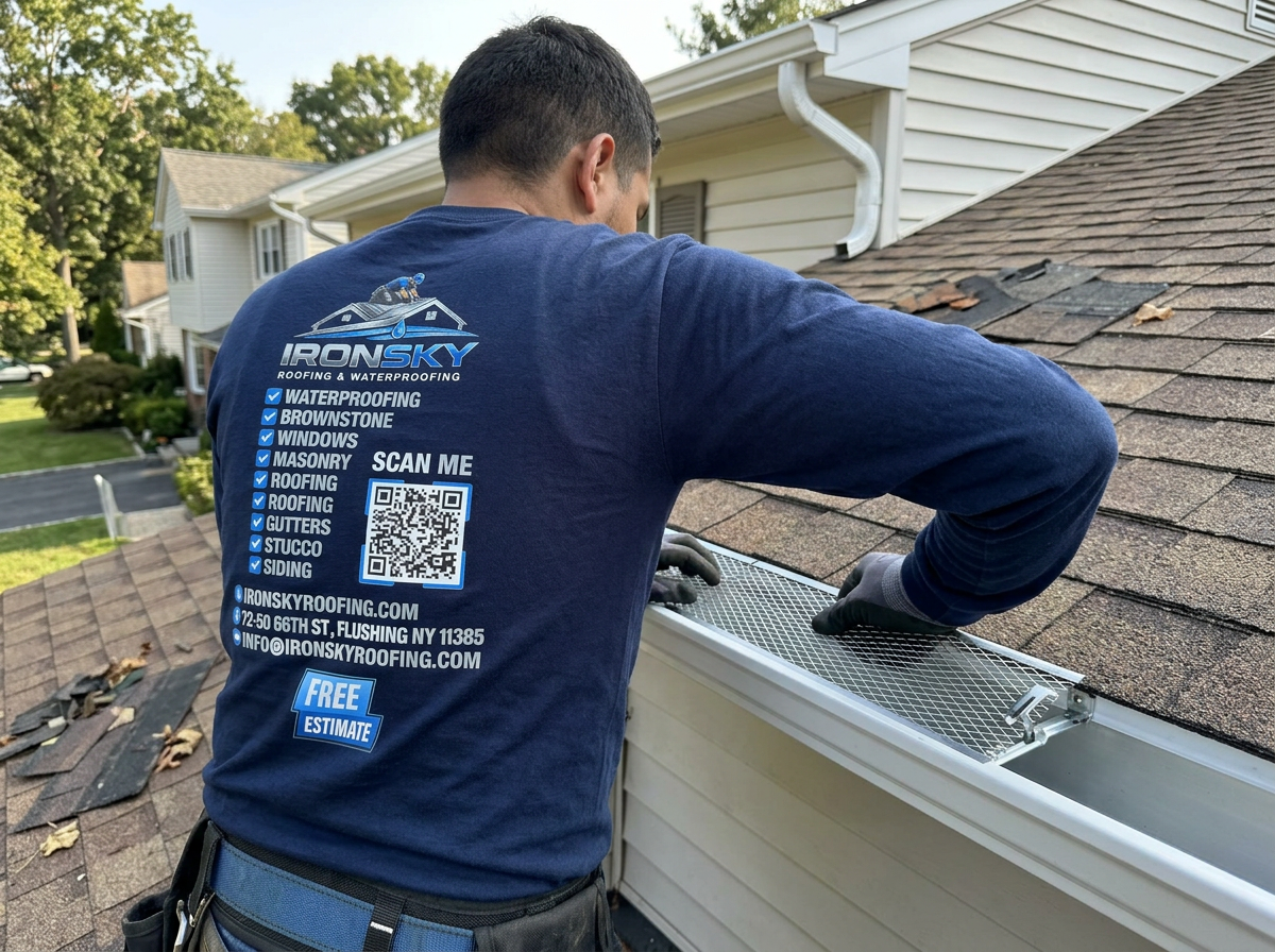 IronSky worker fitting leaf-guard mesh into a freshly installed gutter