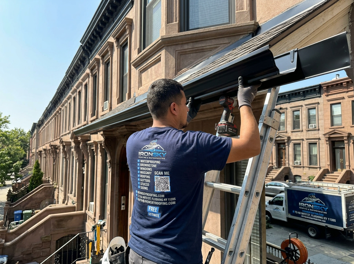 IronSky technician on a ladder drilling a long seamless black gutter into a Brooklyn brownstone fascia