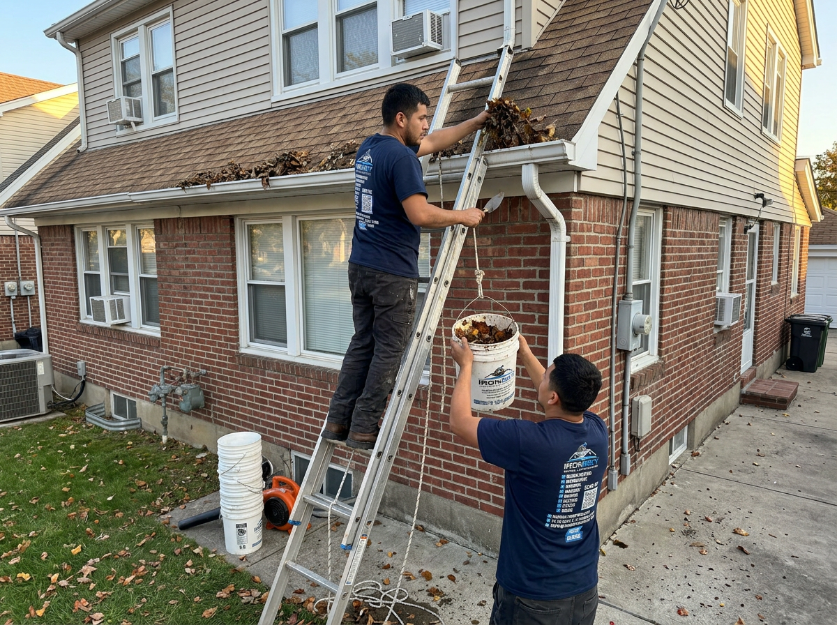 Two IronSky workers cleaning leaves and debris from clogged gutters on a Queens home