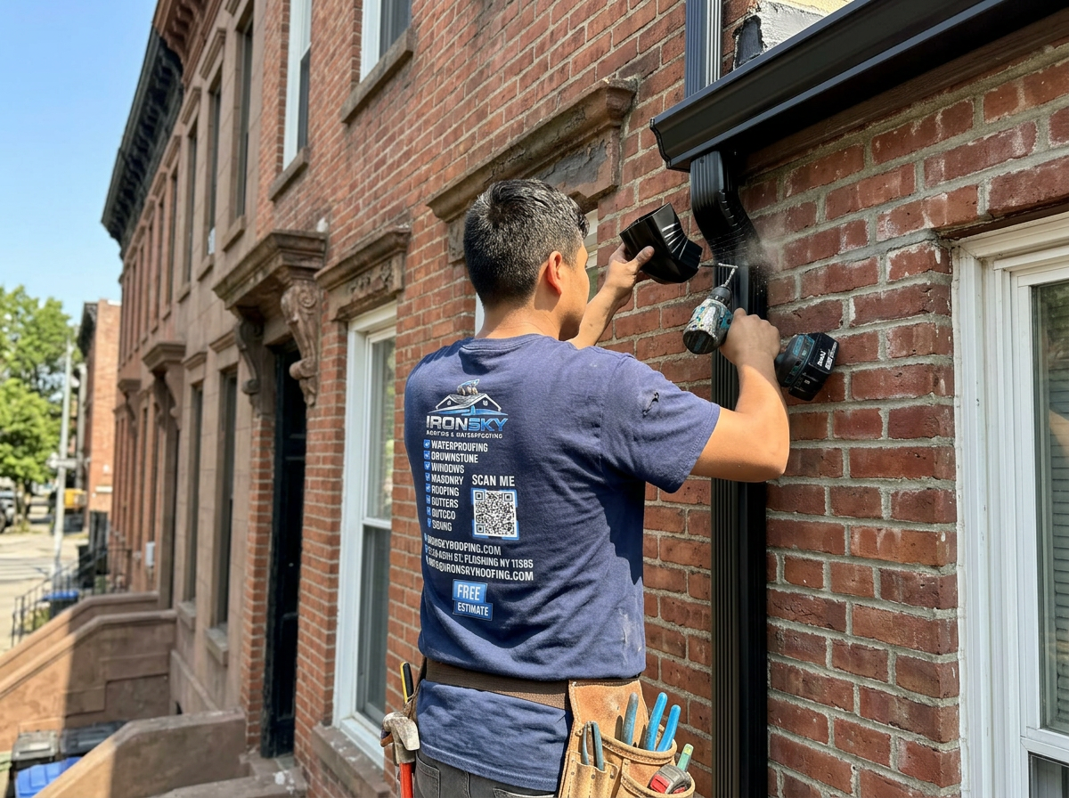 IronSky crew member fastening a black aluminum downspout to a brick rowhouse with a drill
