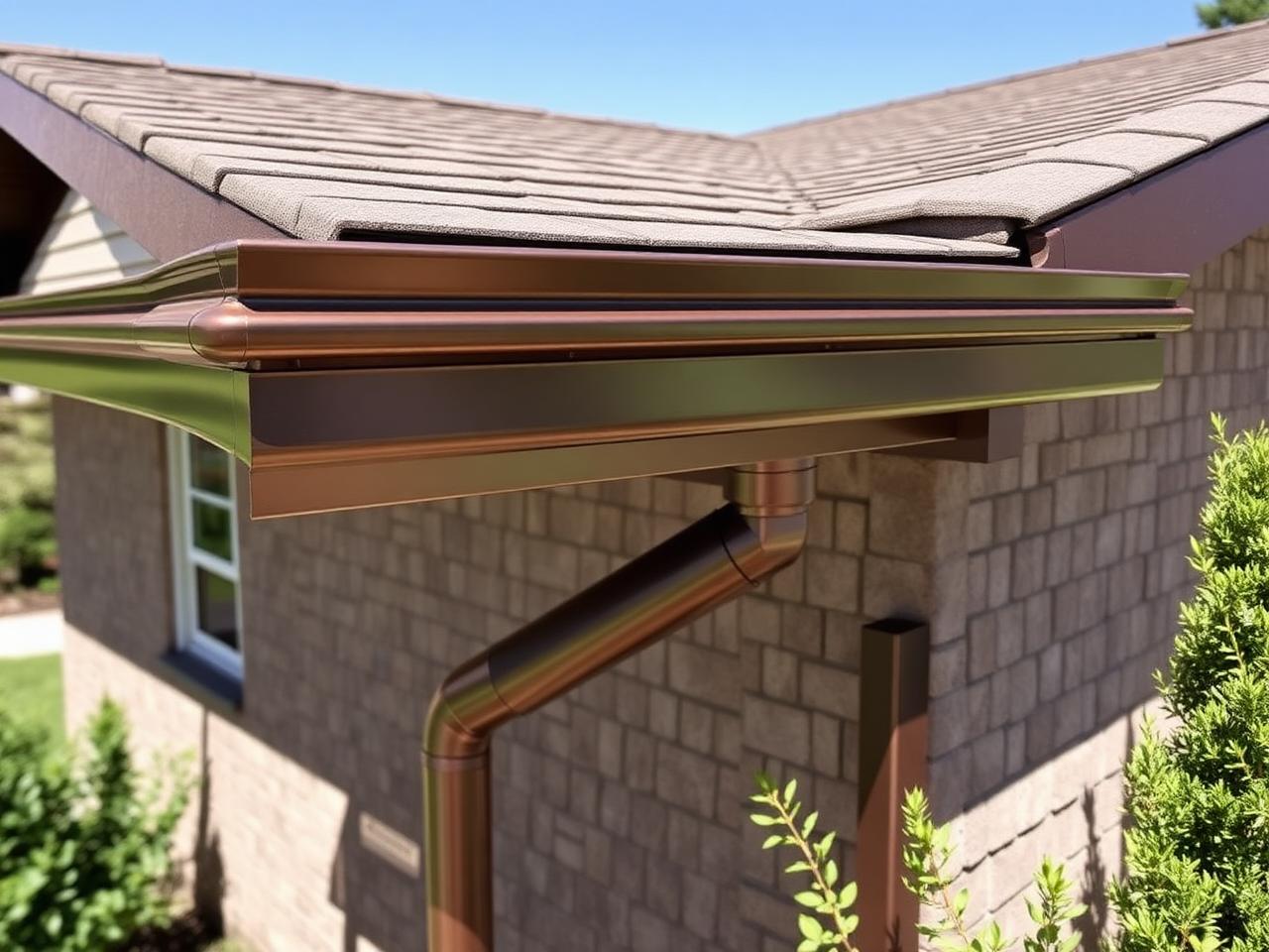 Finished bronze seamless gutters with matching downspout and clean roof edge