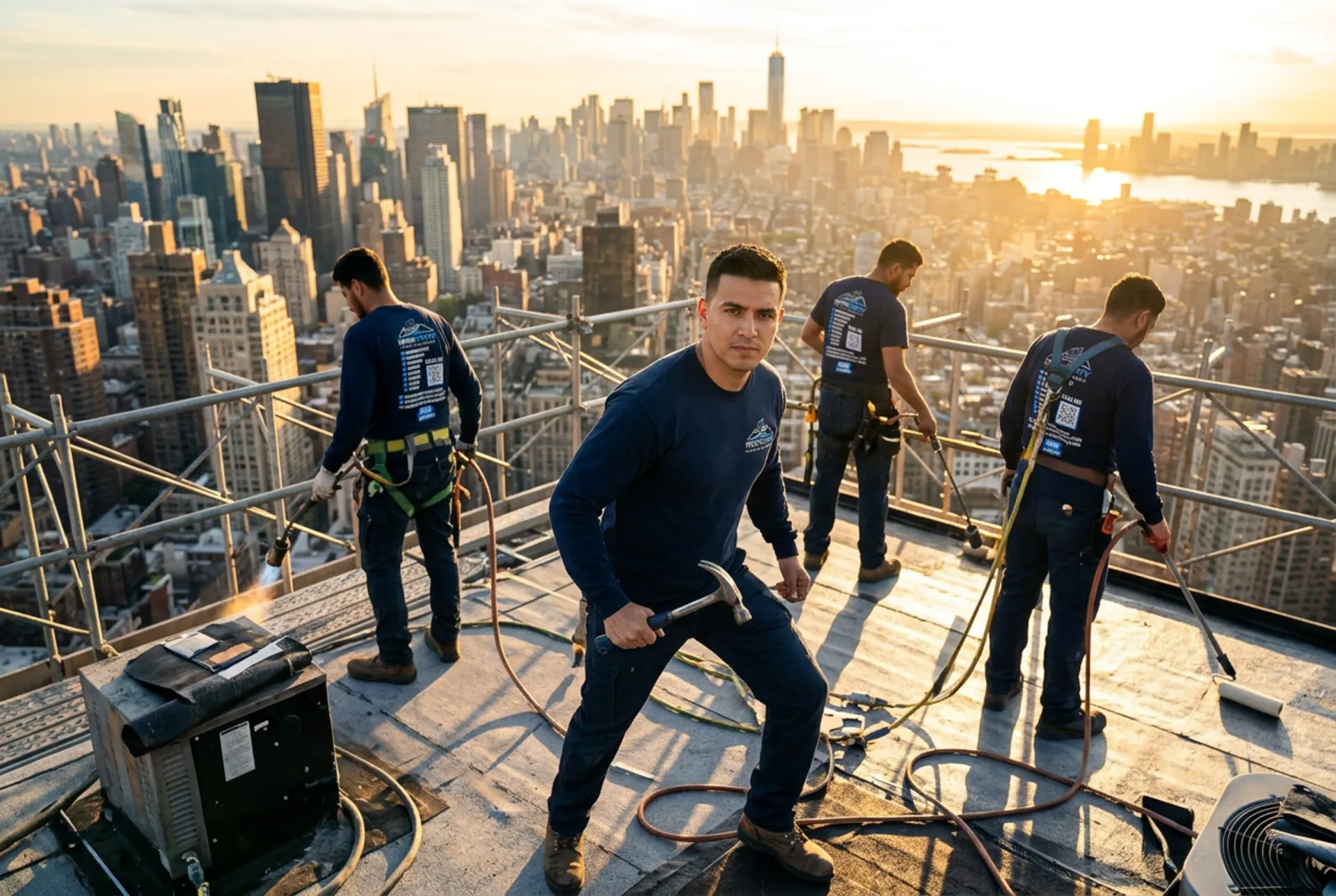 NYC roofing contractor working on flat roof — IronSky Roofing & Waterproofing